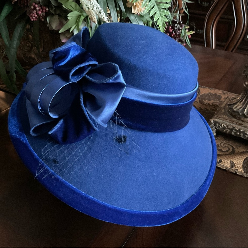 Lowliet Elegant Royal Blue Wool Women's Dress Hat with Satin Bow NEW
